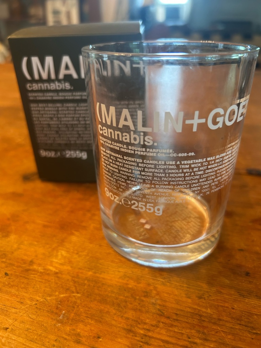 Malin+Goetz empty Cannabis candle jar with box.